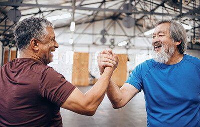 Buy stock photo Handshake, support or mature men in workout gym, training exercise or healthcare wellness or success. Happy friends, elderly or hands in teamwork motivation, collaboration or fitness community winner