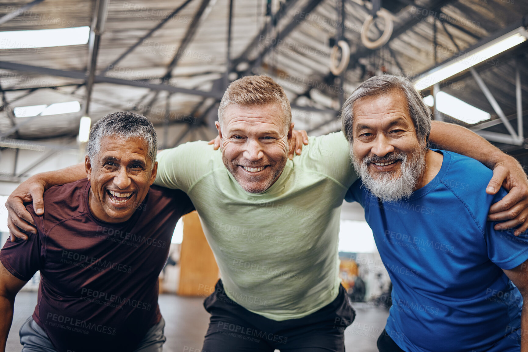 Buy stock photo Portrait, hug or mature men in workout gym, training exercise or healthcare wellness in success celebration. Happy friends, elderly or embrace in fitness teamwork, collaboration or diverse community