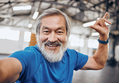 Buy stock photo Fitness, selfie and portrait of Asian man in gym with hand sign for motivation, wellness and cardio workout. Smile, healthy body and face of senior male after training, exercise and sports goals