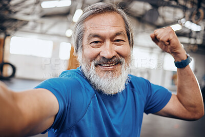 Buy stock photo Fitness, muscle and selfie portrait of Asian man in gym show biceps for motivation, wellness and cardio workout. Smile, healthy body and face of senior male after training, exercise and sports goals