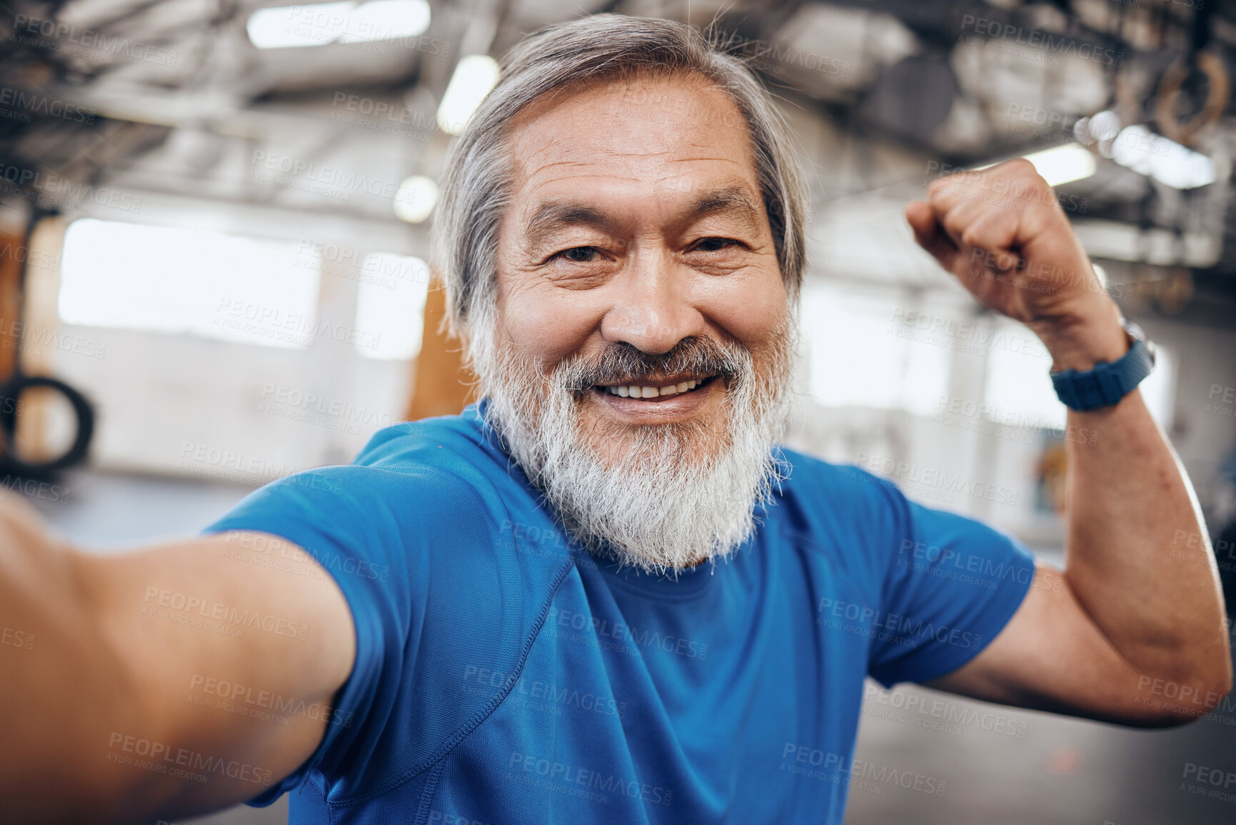 Buy stock photo Fitness, muscle and selfie portrait of Asian man in gym show biceps for motivation, wellness and cardio workout. Smile, healthy body and face of senior male after training, exercise and sports goals