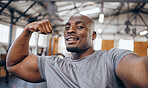 Selfie portrait, fitness and black man with muscle in gym show biceps for motivation, wellness and cardio workout. Sports, strong and face of bodybuilder athlete for training, exercise and goals