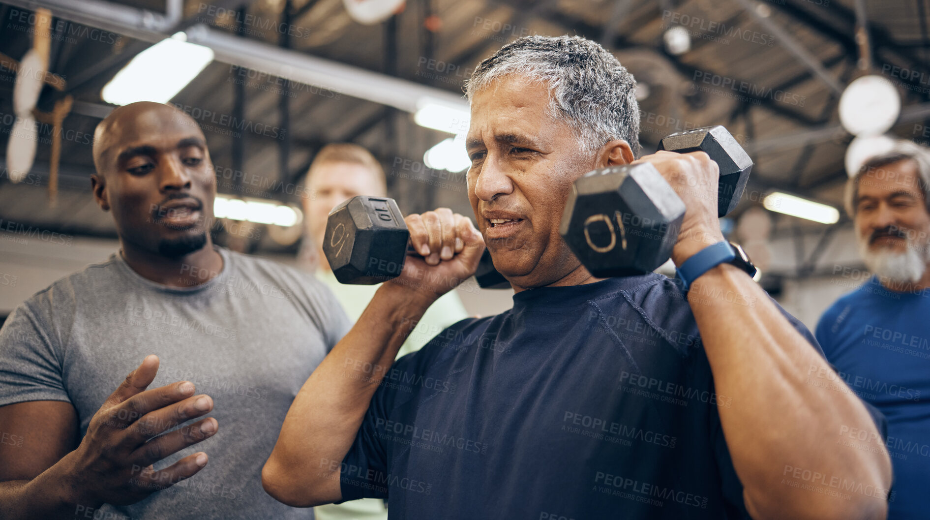 Buy stock photo Fitness, old man with dumbbell and help from coach or personal trainer with weight lifting, strength and gym in retirement. Health, exercise and workout at senior sports club and coaching grandpa.
