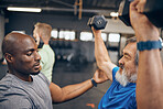 Fitness, old man and personal trainer coaching with dumbbell weightlifting, muscle support and gym in retirement. Health, exercise and workout at senior training club, sports coach helping grandpa.