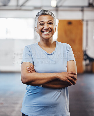 Buy stock photo Senior black woman, gym and smile portrait of a person happy about fitness and exercise. Sports, happy and pilates fitness studio of mature female with arms crossed proud about wellness and health