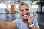 Selfie, fun and senior woman taking picture in the gym after exercise, workout or training with a smile. Elderly, old and portrait of a fit female happy for wellness, health and fitness