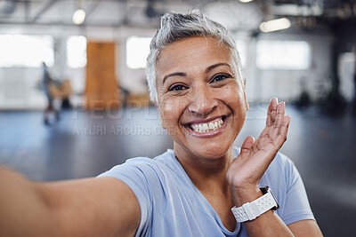 Buy stock photo Selfie, gym and fitness senior woman taking picture after exercise, workout or training with a smile. Elderly, old and portrait of a fit female happy for wellness, health and update social media