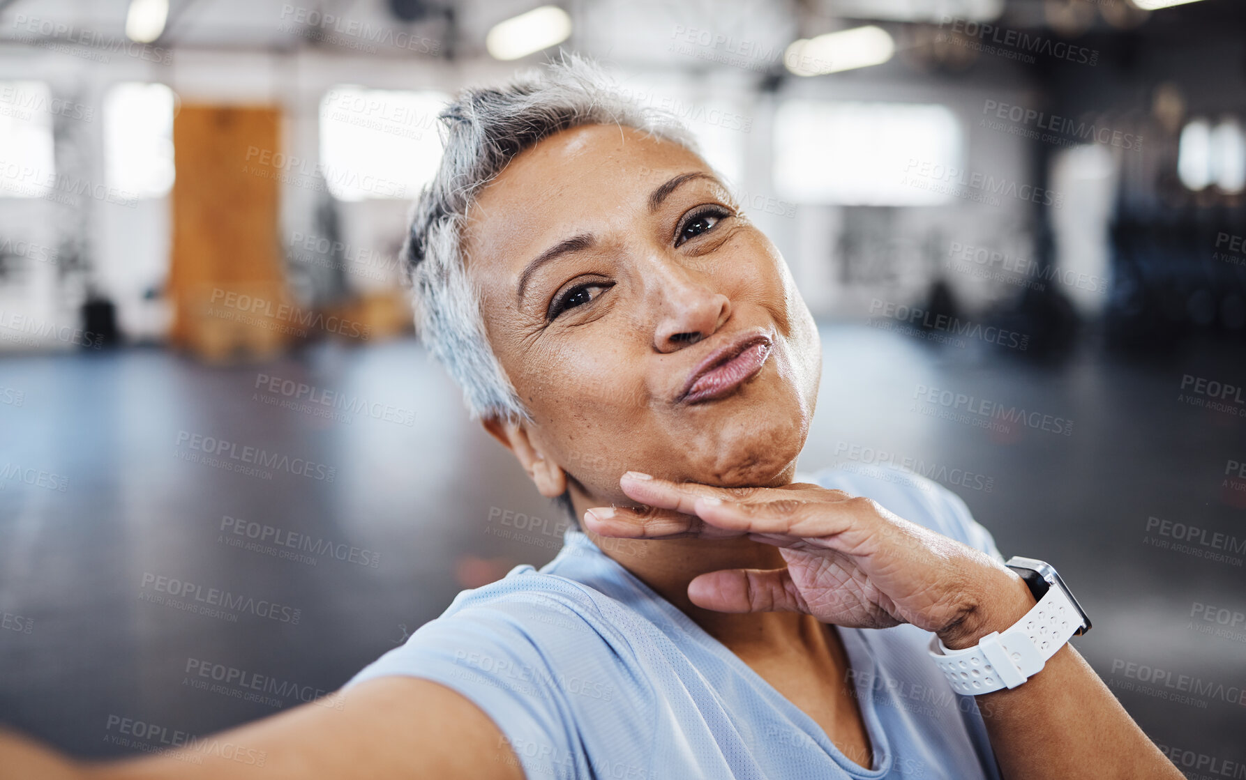 Buy stock photo Selfie, pout and wellness senior woman taking picture in the gym after exercise, workout or training. Elderly, old and portrait of a fit female happy for health and fitness on social media