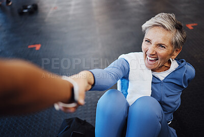 Buy stock photo Senior woman, fitness and personal trainer with support and happy workout, exercise and muscle health on gym floor. Helping hand, coaching and elderly person with training sports for retirement care
