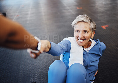 Buy stock photo Exercise, helping old woman and fitness with smile, workout and training for wellness, health and balance. Sports, mature female and senior citizen with happiness, help up from floor and support