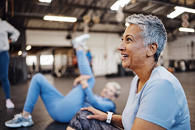 Buy stock photo Happy, fitness and senior woman at the gym for training, exercise and health in retirement. Break, tired and elderly person with a smile after a workout class, cardio or yoga with friends at a club