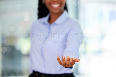 Buy stock photo Business woman hands with empty offer, product placement or invisible design for ai, futuristic or 3d design in office. Happy employee, person or professional with hand gesture for mockup space