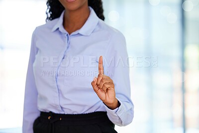 Buy stock photo Closeup, business and black woman pointing finger, ideas and suggestion for new project, office and support. African American female employee, agent and consultant with gesture for opinion and vote