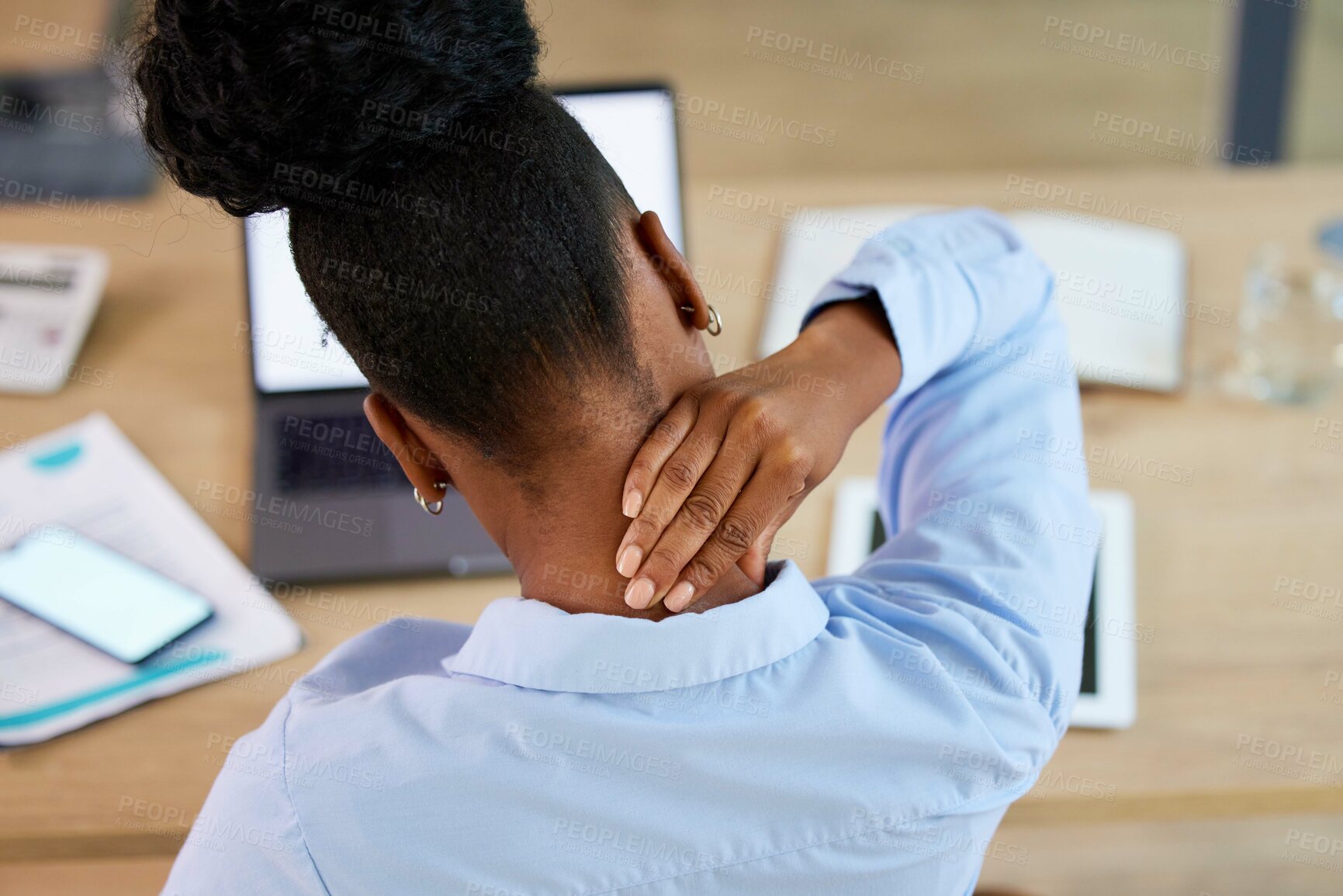 Buy stock photo Black woman, neck pain and fatigue at office desk stretching or massage while tired or burnout. Anatomy or health problem of employee or business person with hands on body or spine injury accident