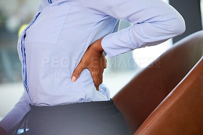 Buy stock photo Back pain, stress and business woman with muscle injury, health risk and fatigue in chair. Closeup of uncomfortable employee with spine problem, bad posture and stretching injured body in workplace