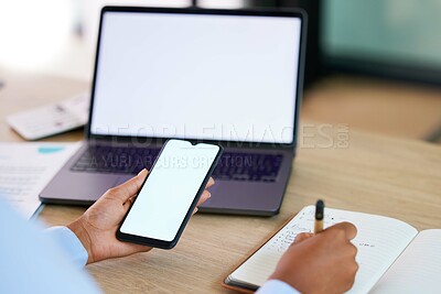 Buy stock photo Hands, phone or laptop mockup for notebook writing worker on budget, finance or insurance accounting app in business office. Zoom, black woman or technology screen mock up for financial fintech logo