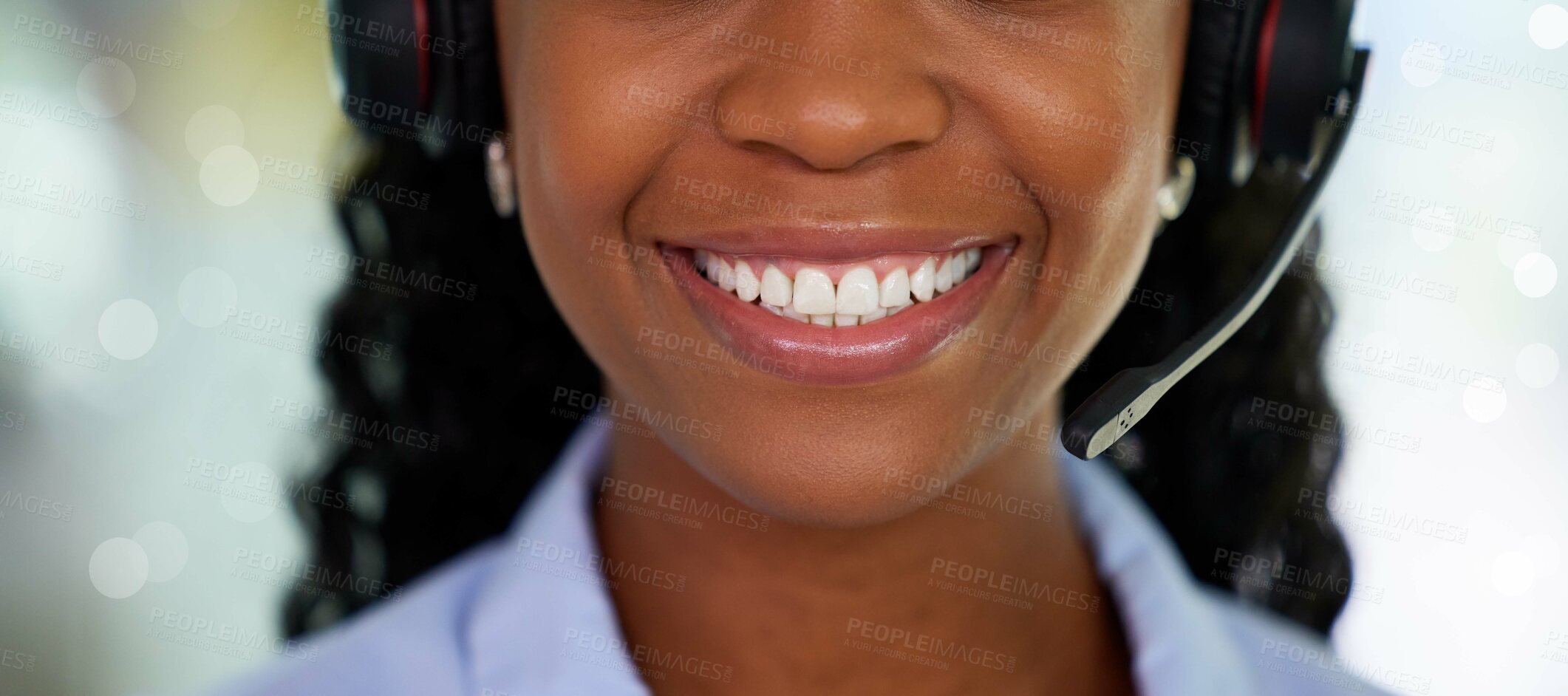 Buy stock photo Call center, smile and black woman for customer service, support and telemarketing in CRM office. Face of receptionist person with white teeth for communication, consulting and contact us help desk