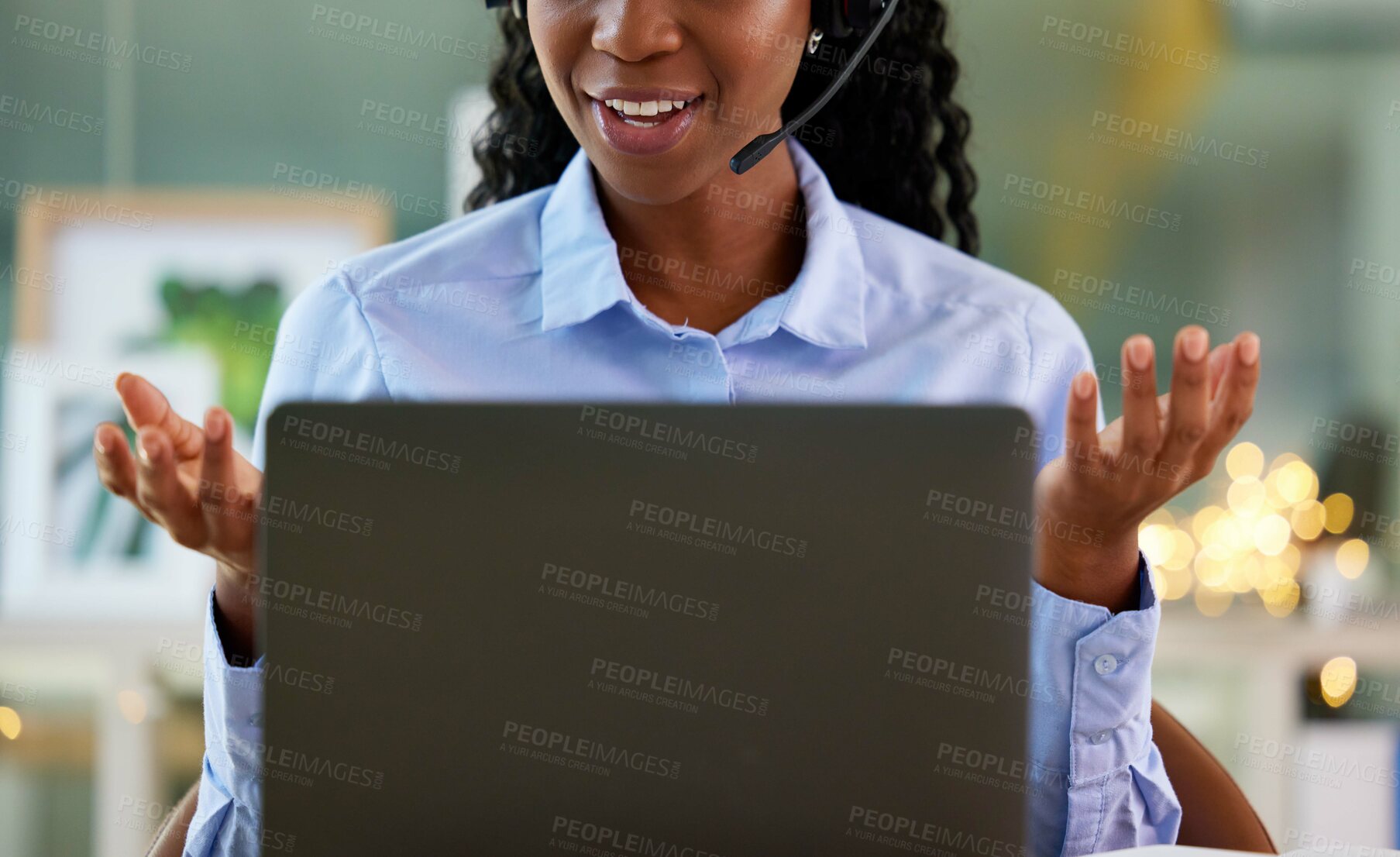 Buy stock photo Customer service, laptop and hands for support, sales or telemarketing in office. Face of receptionist or consultant person happy about crm communication, data analytics or contact us help desk