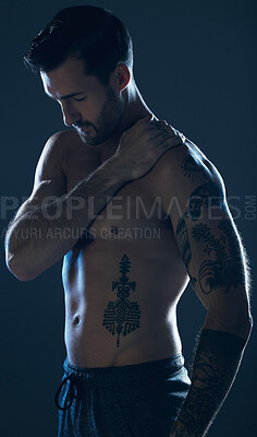 Buy stock photo Fitness, studio and man with tattoo, muscle and strong body for wellness, exercise and training. Motivation, sexy model and body of male athlete on dark background for workout, power and bodybuilder