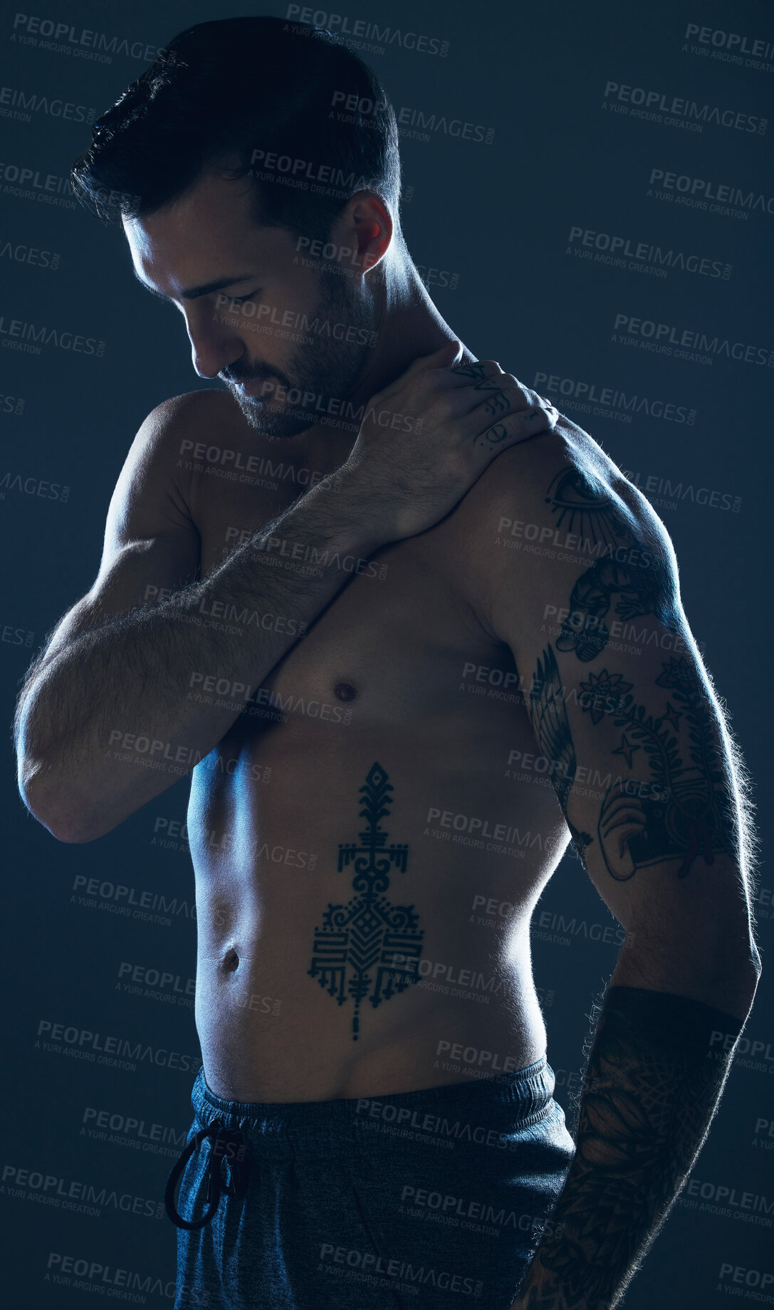 Buy stock photo Fitness, studio and man with tattoo, muscle and strong body for wellness, exercise and training. Motivation, sexy model and body of male athlete on dark background for workout, power and bodybuilder