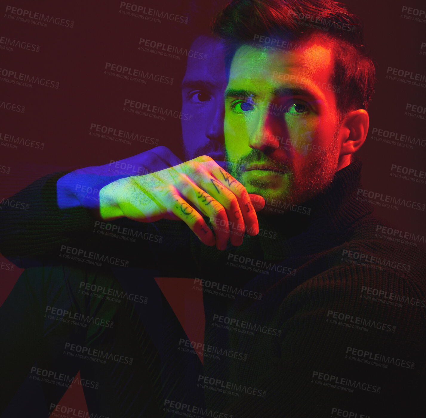 Buy stock photo Man, face and double exposure with portrait, abstract with neon lighting and fashion with overlay isolated on studio background. Color, creative aesthetic and style, art and cosmetics with reflection