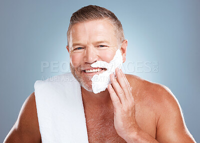 Buy stock photo Shaving beard, smile and man portrait with cream and razor for face cleaning, wellness and skincare. Morning grooming, foam and model with facial care and skin treatment to shave hair in a studio