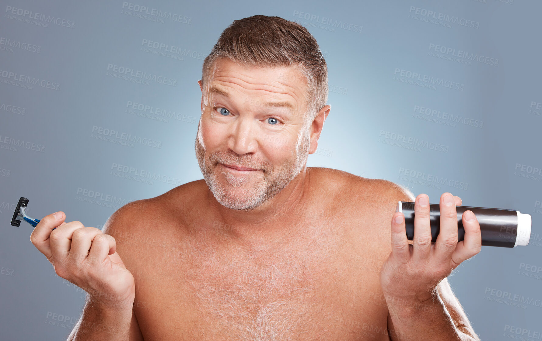 Buy stock photo Senior man with razor, foam for shaving and beauty, ready for facial hair removal and skincare on studio background. Portrait, cosmetic product and tools in hands, natural cosmetics for face