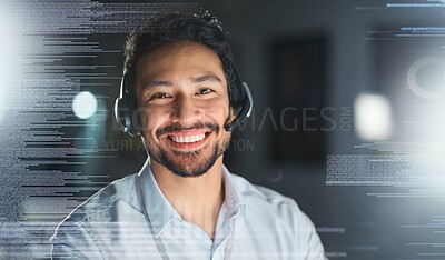 Buy stock photo Call center, overlay and portrait of man for customer service, telemarketing and crm networking. Futuristic hologram, contact us and face of consultant smile for help, it support and communication