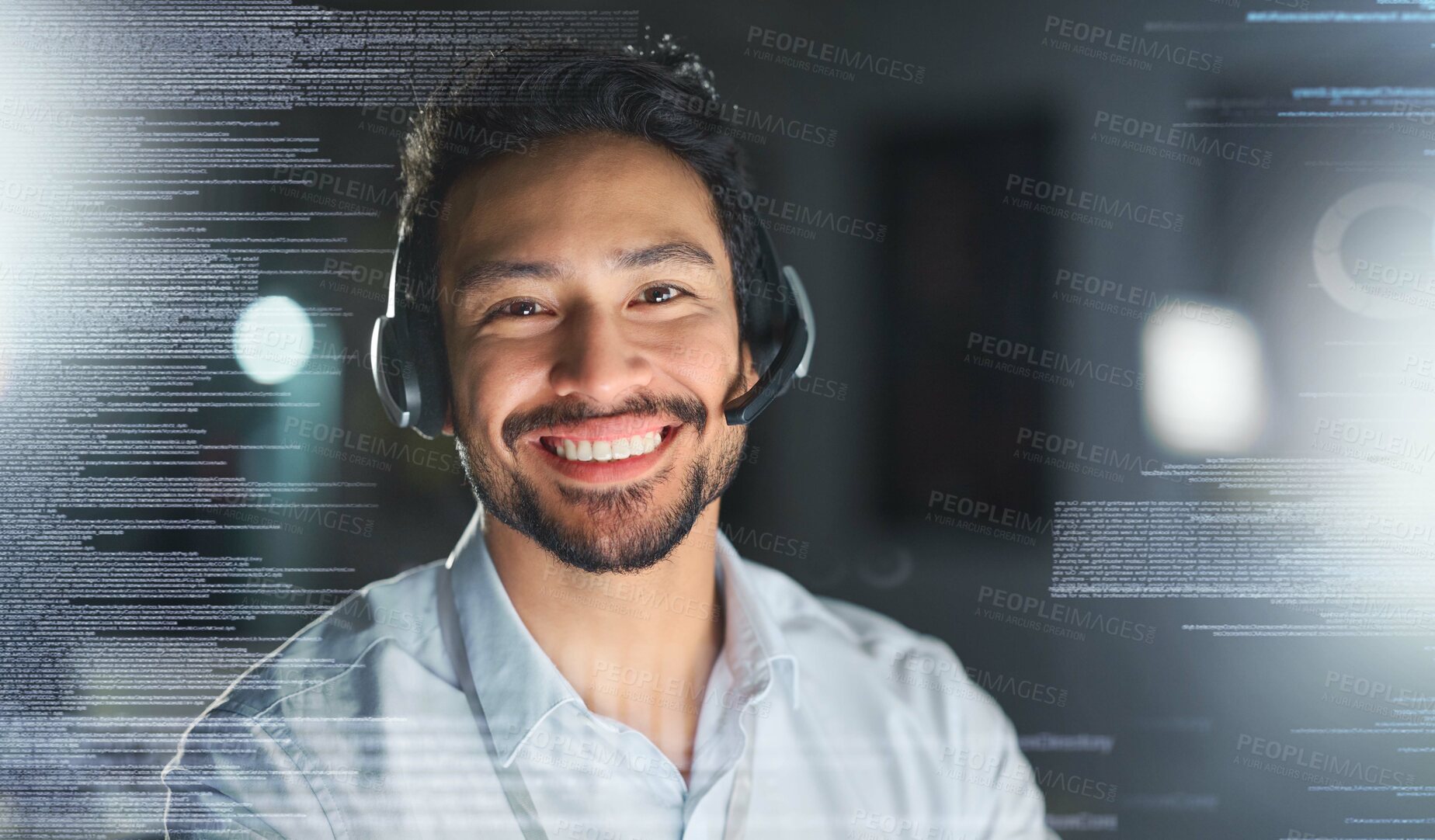 Buy stock photo Call center, overlay and portrait of man for customer service, telemarketing and crm networking. Futuristic hologram, contact us and face of consultant smile for help, it support and communication