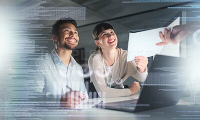 Buy stock photo Information technology, overlay and team with documents on laptop for tech development, programming and coding. Networking, developer and man and woman smile with paperwork, project and data report