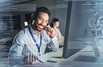 Call center, customer support and man with overlay on computer for telemarketing, service and crm network. Communication hologram, contact us and male with headset help, smile and consulting client