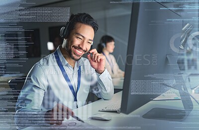 Buy stock photo Call center overlay, customer support and man on computer on telemarketing, crm and digital network. Futuristic communication, contact us hologram and male smile for it help, service and consulting