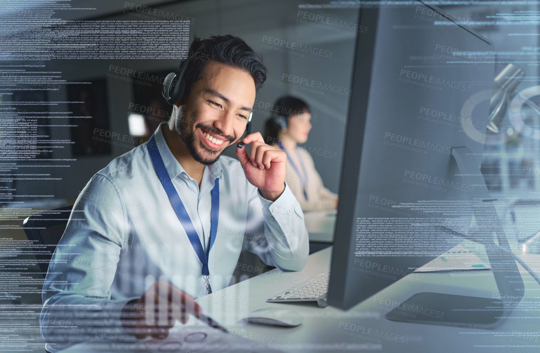 Buy stock photo Call center overlay, customer support and man on computer on telemarketing, crm and digital network. Futuristic communication, contact us hologram and male smile for it help, service and consulting
