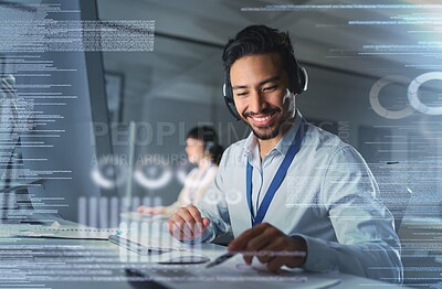 Buy stock photo Call center, customer support overlay and man with smile for contact us, telemarketing and crm network. Communication, digital hologram and male working on computer, writing notes and consulting