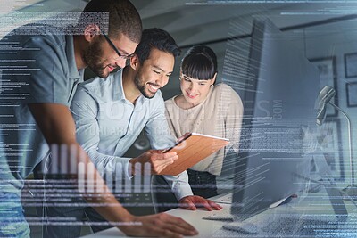 Buy stock photo Business people, coding and information technology with computer screen and tablet, programming and software development. Code overlay, futuristic and collaboration, meeting with programmer team