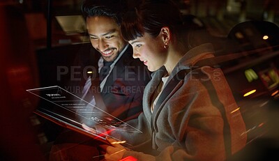 Buy stock photo Overlay, tablet and collaboration with a business team working on a ux interface while sitting in a car together. Digital, future or teamwork with a man and woman employee doing research on a commute