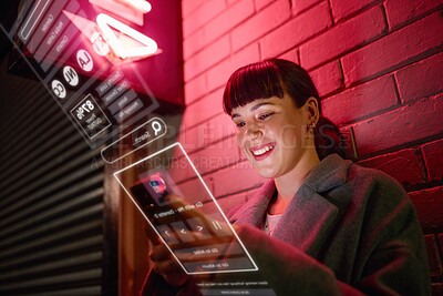 Buy stock photo Interface, night and woman typing on a phone in city for social media, internet and online search. 5g, connection and girl with a smile for a mobile with a digital dashboard for the web in the dark