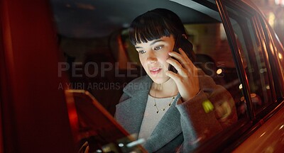 Buy stock photo Tablet, phone call and business woman in car chatting, talking or speaking to contact. Transport, night travel or female professional with mobile technology for networking, discussion or conversation