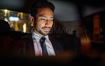 Buy stock photo Travel, night and business man in car relaxing, commuting and traveling after working. Transport, road and young male professional, passenger or businessman sitting in vehicle, motor or taxi in city.