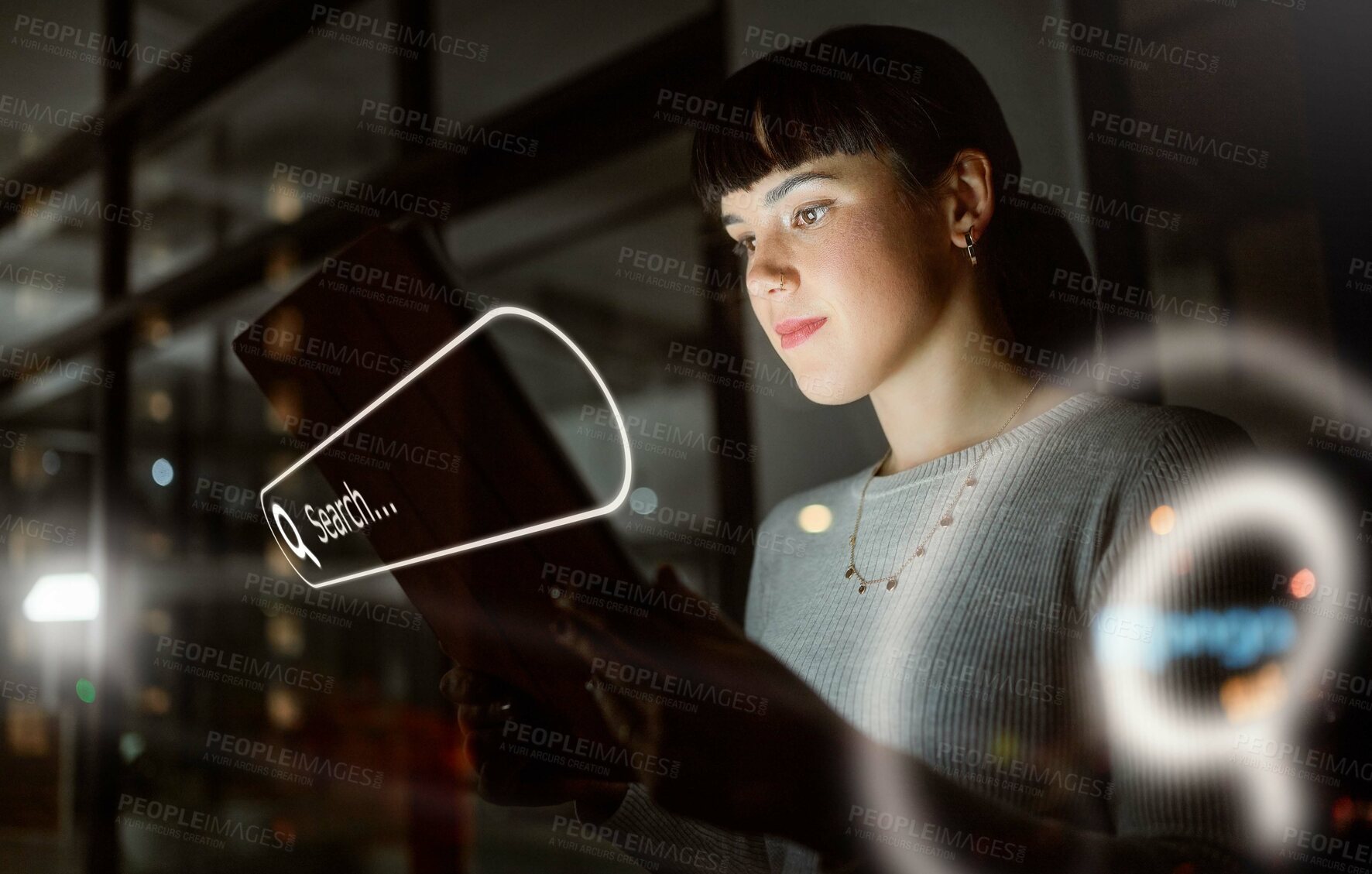 Buy stock photo Digital marketing, overlay or woman networking to search for web design on internet, website or online in office. Night, tablet or focused employee researching SEO information or data analysis on iot