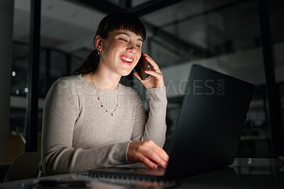 Buy stock photo Phone call, laptop and business woman talking, chatting or speaking to contact at night. Dark office, cellphone and female employee with mobile smartphone for networking, discussion or conversation.