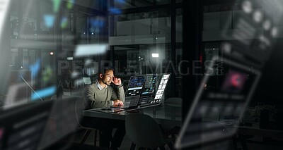 Buy stock photo Businessman, futuristic digital interface and analytics at night for planning, strategy or stock market research at office. Male analyst working late for trading, fintech or big data management