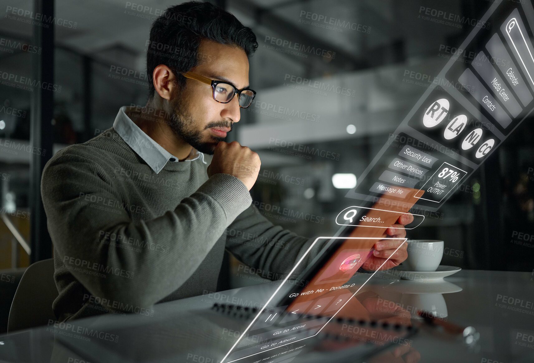 Buy stock photo Overlay, night and businessman reading on a tablet, website research and digital marketing online. Data, internet and Asian worker working on technology for information during overtime in the dark