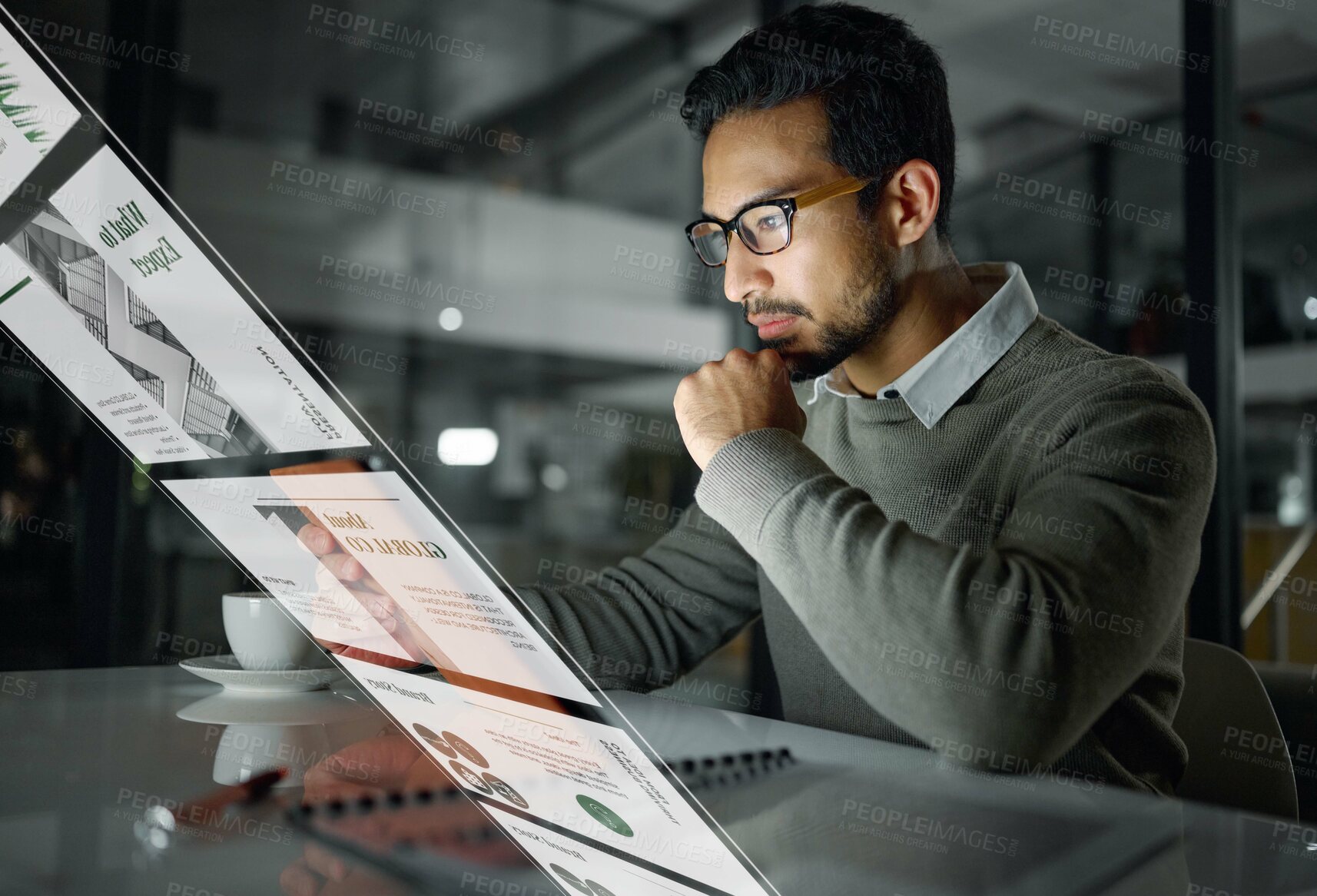 Buy stock photo Overlay, network or businessman reading website information, app or global news online. Iot, focus or future 3d world hologram in dark workplace with person researching digital data analysis at night