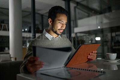 Buy stock photo Businessman, tablet and analytics working at night for planning, documents or online research at office. Male employee with touchscreen in analysis, strategy or project plan for evening at workplace
