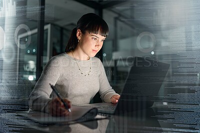 Buy stock photo Businesswoman, laptop and writing analytics at night for planning, documents or online research at office. Female employee with computer in analysis, strategy or project plan on dark digital overlay