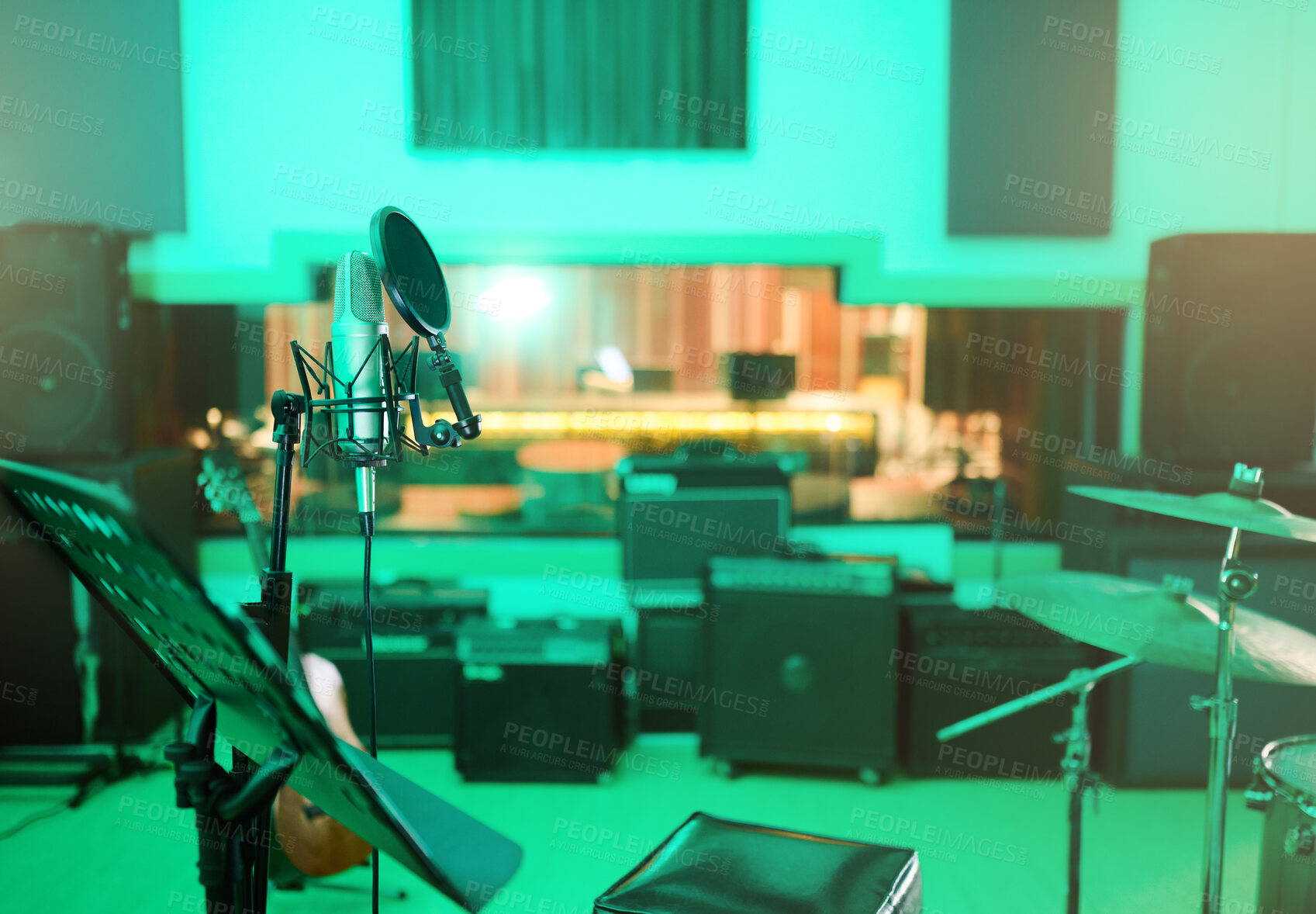 Buy stock photo Music, recording studio and interior with instruments for creative, musician or industry background. Audio technology, microphone and sound production for radio, media and electronics in neon lights