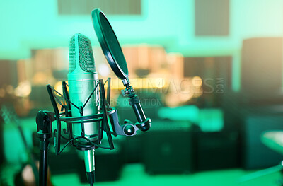 Buy stock photo Music, audio and microphone for a singer, musician or artist in a studio for a performance. Podcast, radio and equipment for sound production, singing and musical entertainment in an empty room