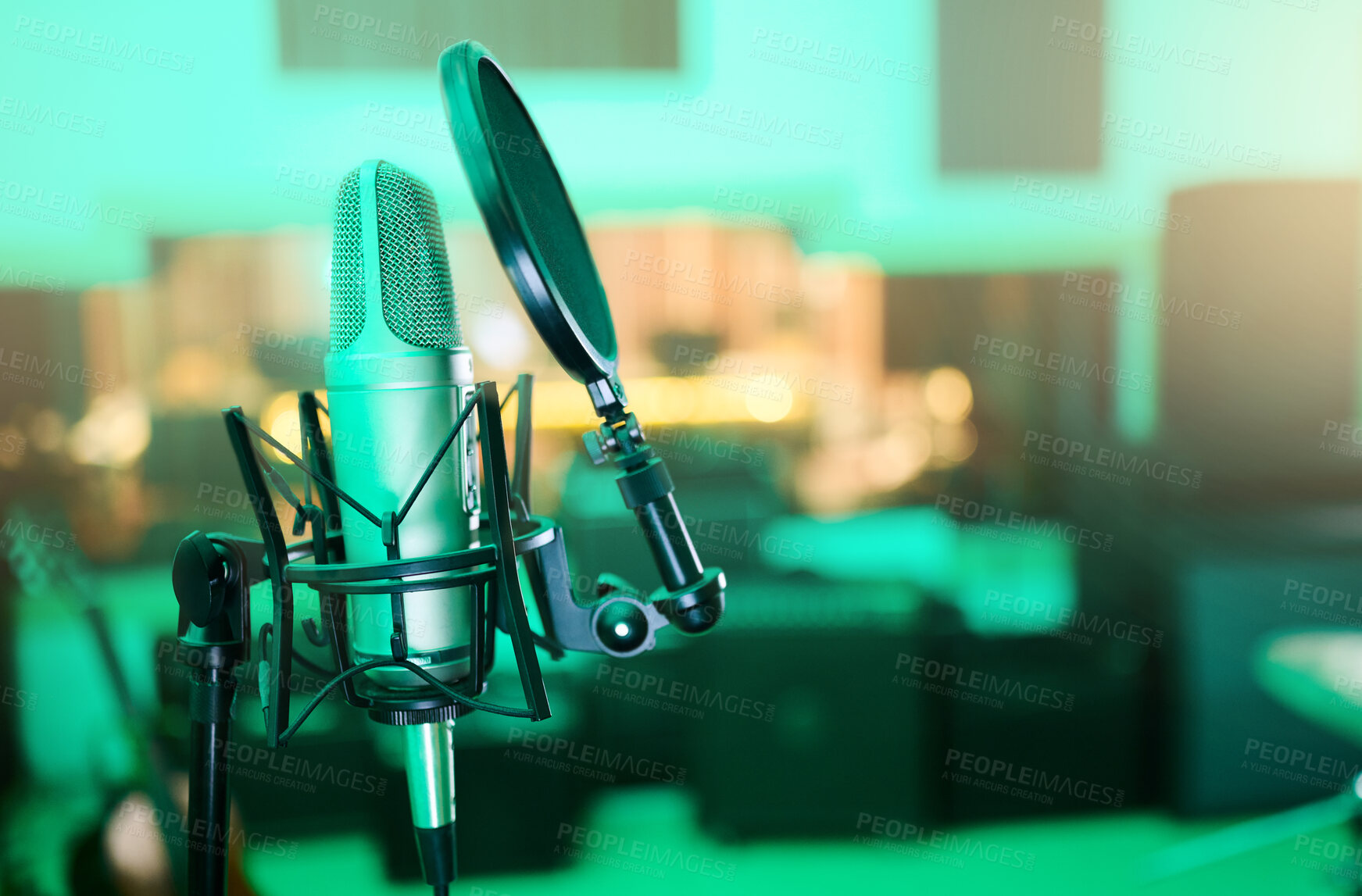 Buy stock photo Music, audio and microphone for a singer, musician or artist in a studio for a performance. Podcast, radio and equipment for sound production, singing and musical entertainment in an empty room