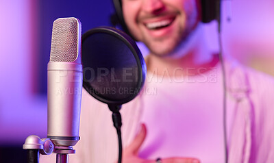 Buy stock photo Neon, studio or microphone singer, musician or pop artist in music practice, theatre or night recording. Singing, man or person on voice diffuser, production equipment or sound media in light theater
